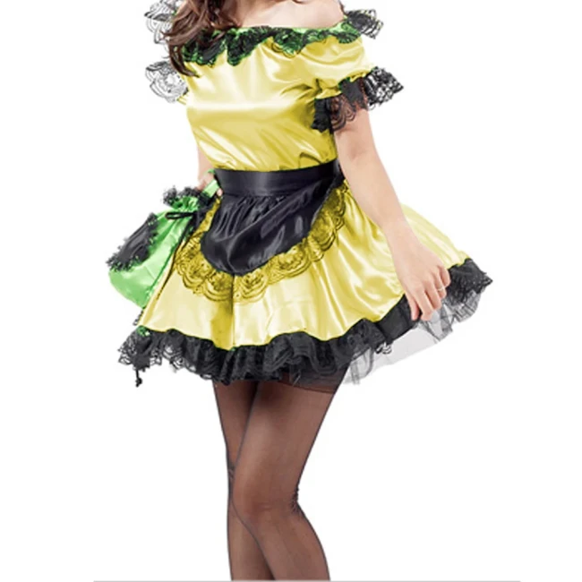 Lolita Black Lace Trim Maid Lolita Sets with Apron Boat Neck Short Sleeve Skintight Short Dress Carnival Halloween Costumes