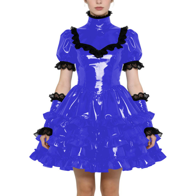 Shiny PVC Gothic Zipper Lolita Dress Puff Sleeve Ruffle Mini Dress with Fetish Gloves Knee-length Party Dress Cross-dressering
