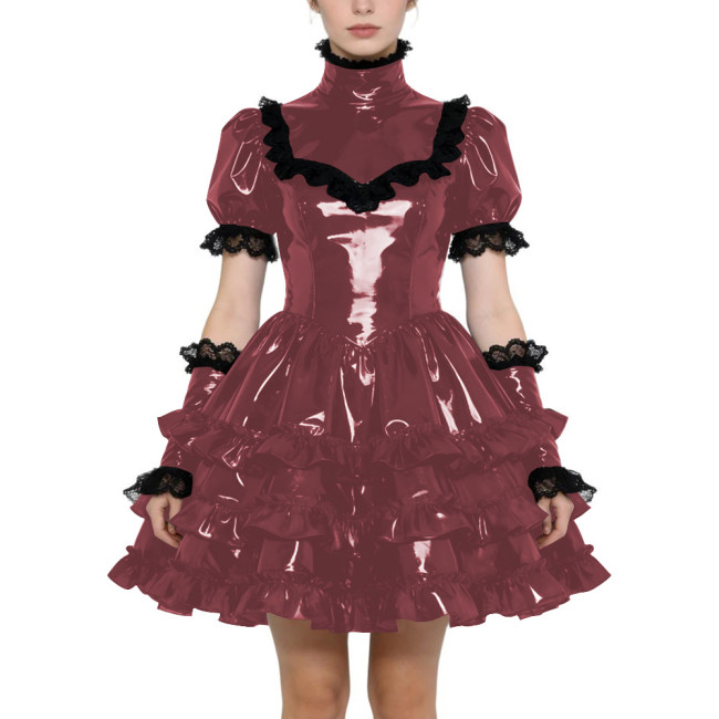 Shiny PVC Gothic Zipper Lolita Dress Puff Sleeve Ruffle Mini Dress with Fetish Gloves Knee-length Party Dress Cross-dressering