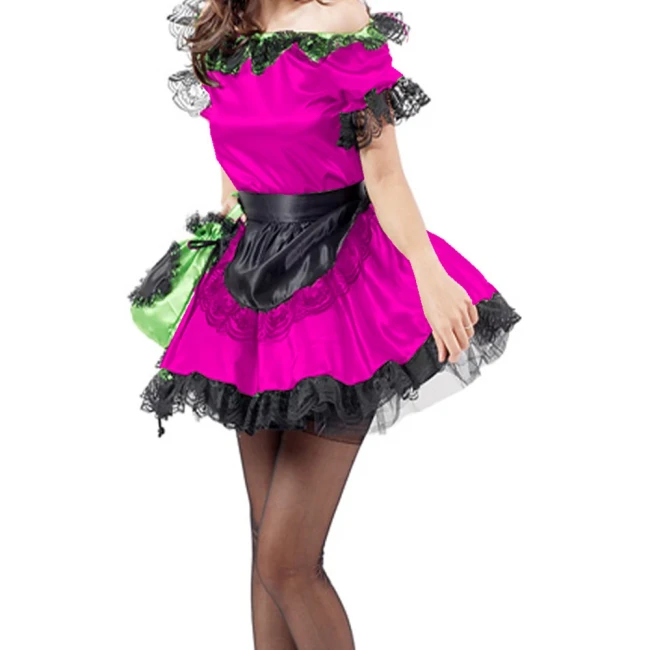 Lolita Black Lace Trim Maid Lolita Sets with Apron Boat Neck Short Sleeve Skintight Short Dress Carnival Halloween Costumes