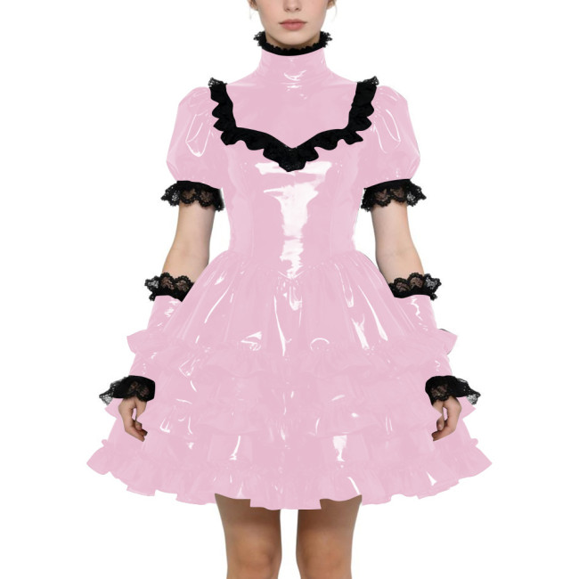 Shiny PVC Gothic Zipper Lolita Dress Puff Sleeve Ruffle Mini Dress with Fetish Gloves Knee-length Party Dress Cross-dressering