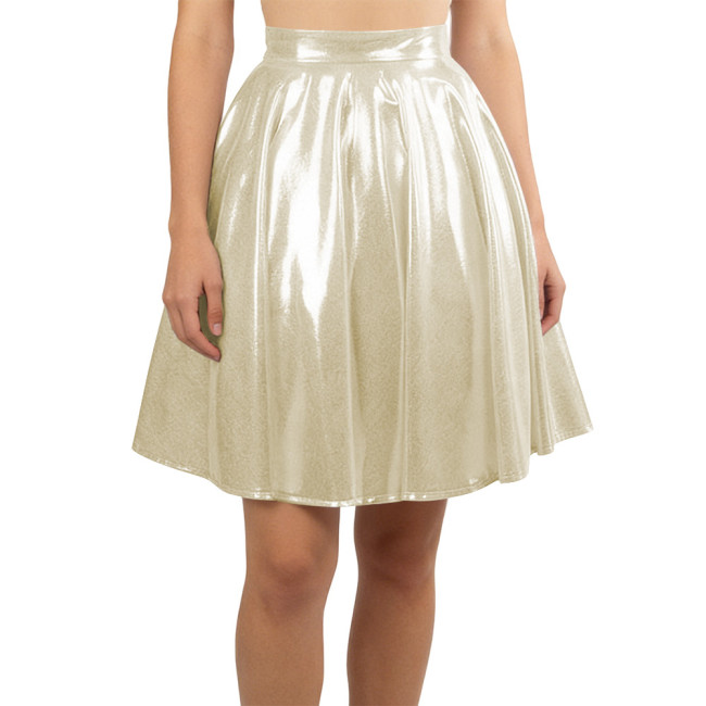 Women Liquid Metallic Pleated Party Skirt Nightclub Gothic A-Line Cosplay Skirt Wetlook Sexy Flared Mini Skirt Vintage Clubwear