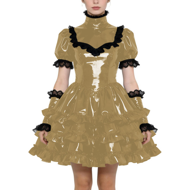 Shiny PVC Gothic Zipper Lolita Dress Puff Sleeve Ruffle Mini Dress with Fetish Gloves Knee-length Party Dress Cross-dressering