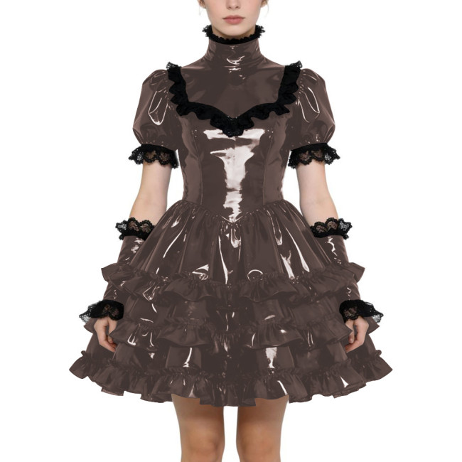 Shiny PVC Gothic Zipper Lolita Dress Puff Sleeve Ruffle Mini Dress with Fetish Gloves Knee-length Party Dress Cross-dressering