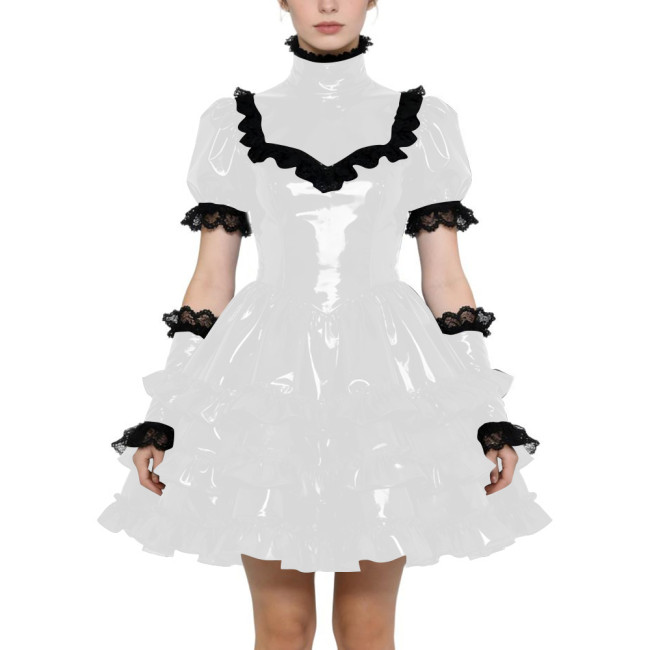Shiny PVC Gothic Zipper Lolita Dress Puff Sleeve Ruffle Mini Dress with Fetish Gloves Knee-length Party Dress Cross-dressering