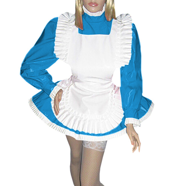 Frilly Hem Sissy Maid Dress Outfits Glossy PVC Long Puff Sleeve A-line Miad Dess with Ruffles Apron for Halloween Party Cosplay