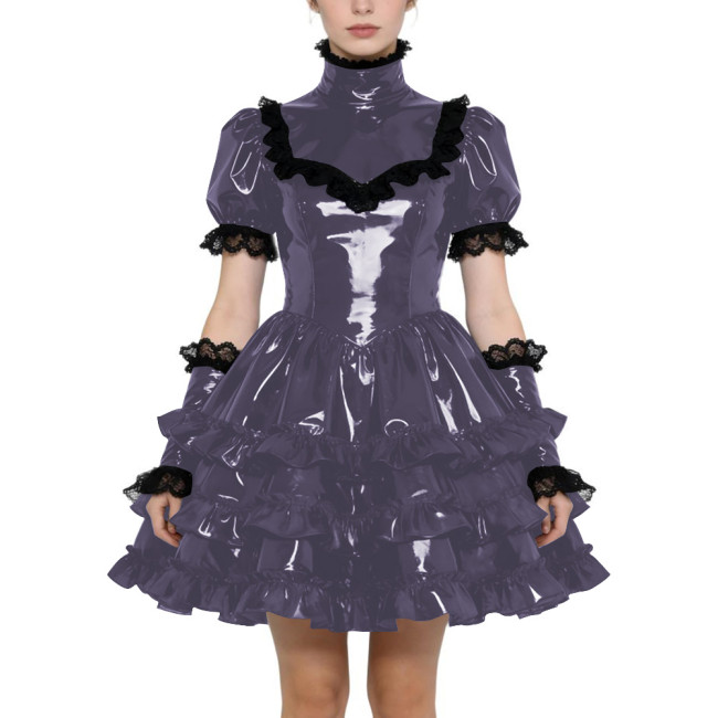 Shiny PVC Gothic Zipper Lolita Dress Puff Sleeve Ruffle Mini Dress with Fetish Gloves Knee-length Party Dress Cross-dressering