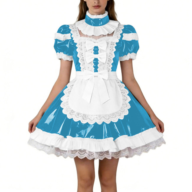Shiny PVC French Puff Sleeve Maid Dress Sissy Bow Crossdresser A-line Lolita Cosplay Wetlook Lace Ruffle Apron Anime Mini Dress