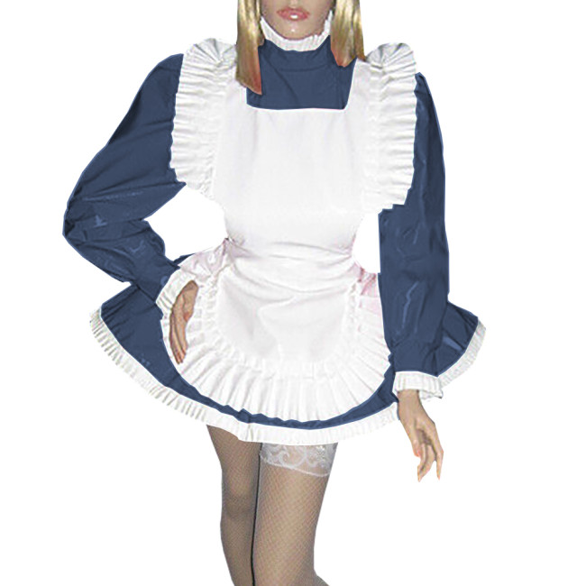 Frilly Hem Sissy Maid Dress Outfits Glossy PVC Long Puff Sleeve A-line Miad Dess with Ruffles Apron for Halloween Party Cosplay