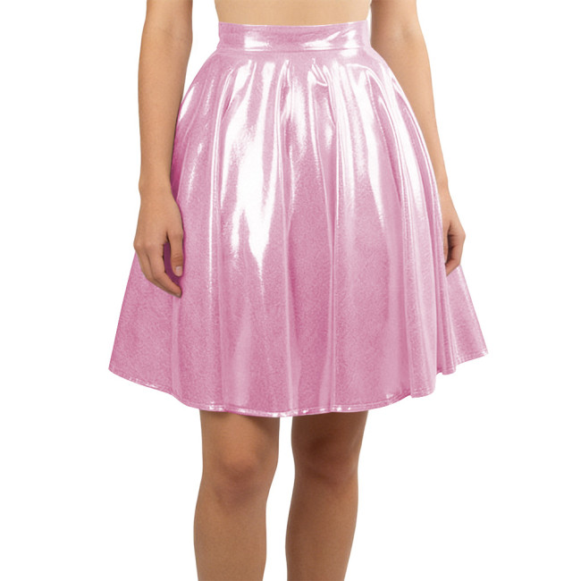 Women Liquid Metallic Pleated Party Skirt Nightclub Gothic A-Line Cosplay Skirt Wetlook Sexy Flared Mini Skirt Vintage Clubwear
