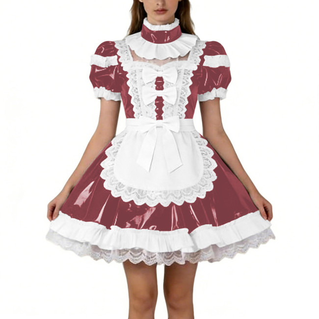 Shiny PVC French Puff Sleeve Maid Dress Sissy Bow Crossdresser A-line Lolita Cosplay Wetlook Lace Ruffle Apron Anime Mini Dress