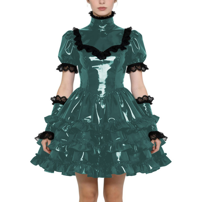 Shiny PVC Gothic Zipper Lolita Dress Puff Sleeve Ruffle Mini Dress with Fetish Gloves Knee-length Party Dress Cross-dressering