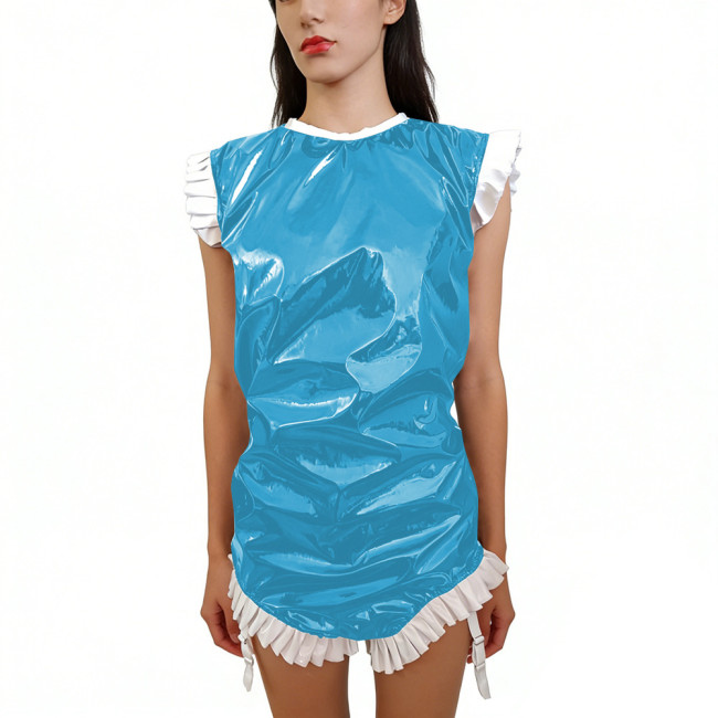 Shiny PVC Sleeveless Halloween Bodysuit Gothic Back Zipper Bodycon Rompers with Garter Straps Punk Party Clubwear Cosplay Outfit