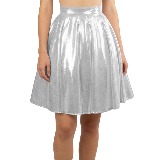 Women Liquid Metallic Pleated Party Skirt Nightclub Gothic A-Line Cosplay Skirt Wetlook Sexy Flared Mini Skirt Vintage Clubwear
