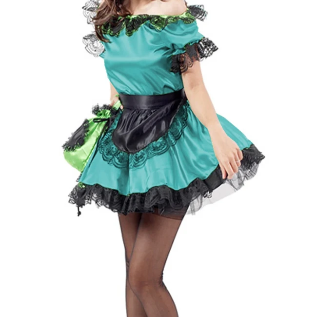 Lolita Black Lace Trim Maid Lolita Sets with Apron Boat Neck Short Sleeve Skintight Short Dress Carnival Halloween Costumes