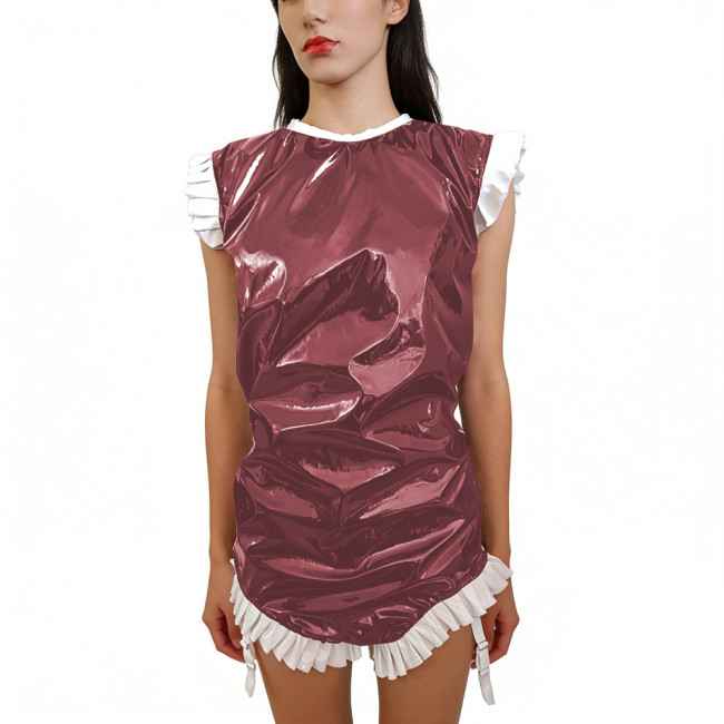 Shiny PVC Sleeveless Halloween Bodysuit Gothic Back Zipper Bodycon Rompers with Garter Straps Punk Party Clubwear Cosplay Outfit