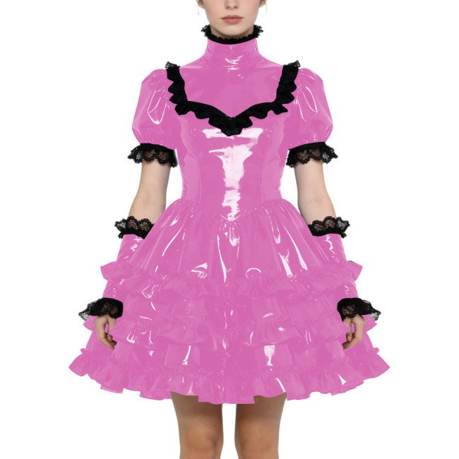 Shiny PVC Gothic Zipper Lolita Dress Puff Sleeve Ruffle Mini Dress with Fetish Gloves Knee-length Party Dress Cross-dressering