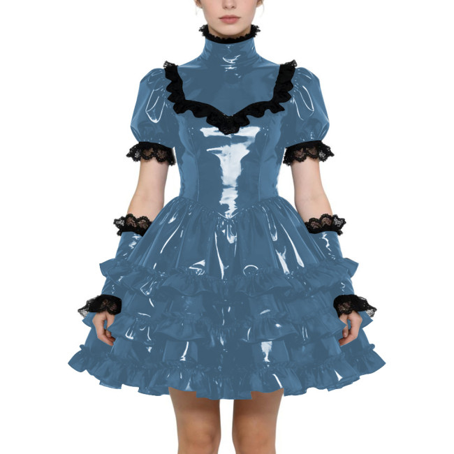 Shiny PVC Gothic Zipper Lolita Dress Puff Sleeve Ruffle Mini Dress with Fetish Gloves Knee-length Party Dress Cross-dressering