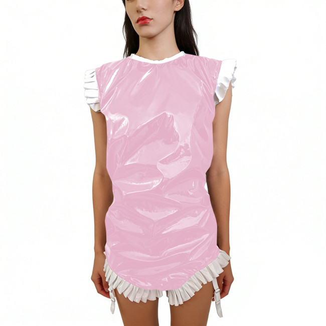 Shiny PVC Sleeveless Halloween Bodysuit Gothic Back Zipper Bodycon Rompers with Garter Straps Punk Party Clubwear Cosplay Outfit