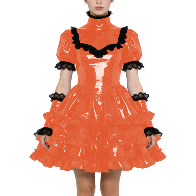 Shiny PVC Gothic Zipper Lolita Dress Puff Sleeve Ruffle Mini Dress with Fetish Gloves Knee-length Party Dress Cross-dressering