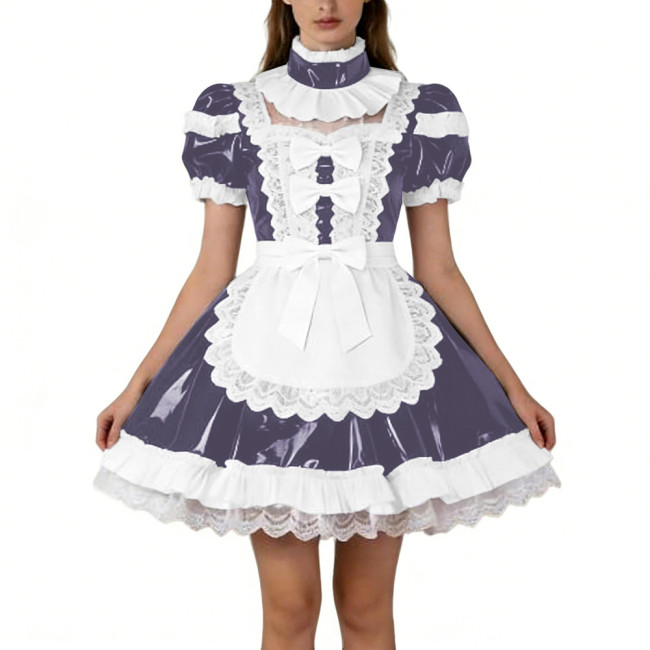 Shiny PVC French Puff Sleeve Maid Dress Sissy Bow Crossdresser A-line Lolita Cosplay Wetlook Lace Ruffle Apron Anime Mini Dress