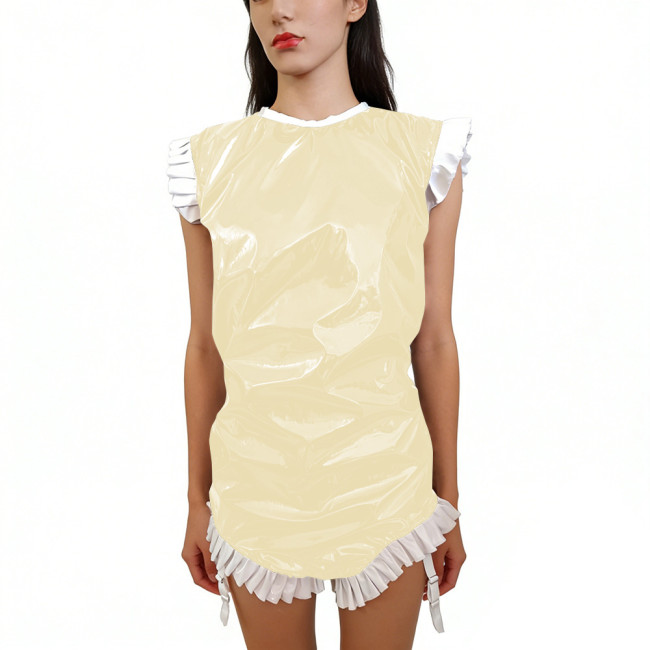 Shiny PVC Sleeveless Halloween Bodysuit Gothic Back Zipper Bodycon Rompers with Garter Straps Punk Party Clubwear Cosplay Outfit
