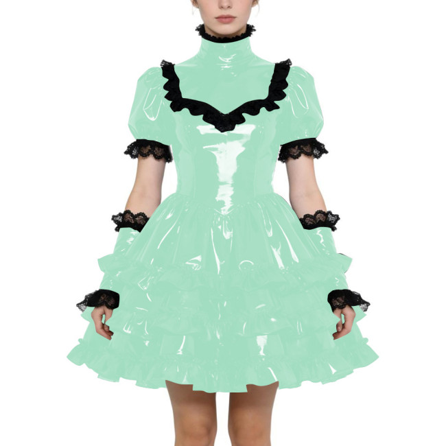 Shiny PVC Gothic Zipper Lolita Dress Puff Sleeve Ruffle Mini Dress with Fetish Gloves Knee-length Party Dress Cross-dressering