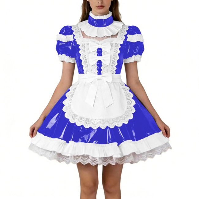 Shiny PVC French Puff Sleeve Maid Dress Sissy Bow Crossdresser A-line Lolita Cosplay Wetlook Lace Ruffle Apron Anime Mini Dress