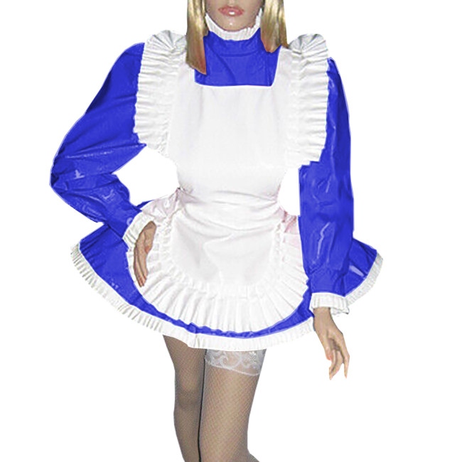 Frilly Hem Sissy Maid Dress Outfits Glossy PVC Long Puff Sleeve A-line Miad Dess with Ruffles Apron for Halloween Party Cosplay