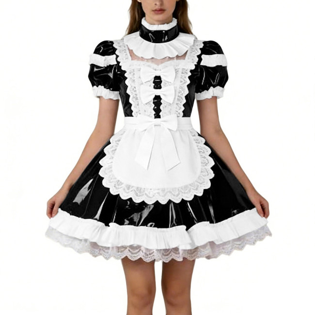 Shiny PVC French Puff Sleeve Maid Dress Sissy Bow Crossdresser A-line Lolita Cosplay Wetlook Lace Ruffle Apron Anime Mini Dress