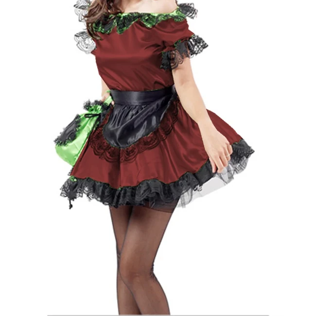 Lolita Black Lace Trim Maid Lolita Sets with Apron Boat Neck Short Sleeve Skintight Short Dress Carnival Halloween Costumes