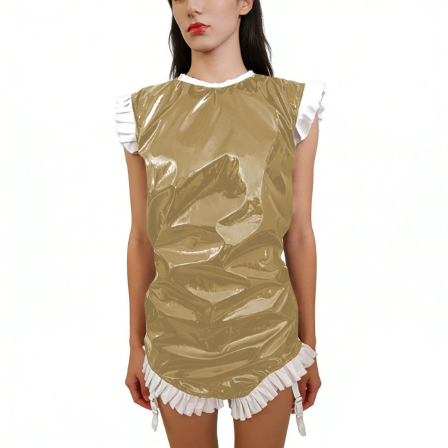 Shiny PVC Sleeveless Halloween Bodysuit Gothic Back Zipper Bodycon Rompers with Garter Straps Punk Party Clubwear Cosplay Outfit