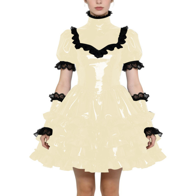 Shiny PVC Gothic Zipper Lolita Dress Puff Sleeve Ruffle Mini Dress with Fetish Gloves Knee-length Party Dress Cross-dressering
