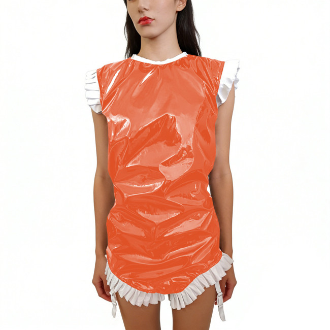 Shiny PVC Sleeveless Halloween Bodysuit Gothic Back Zipper Bodycon Rompers with Garter Straps Punk Party Clubwear Cosplay Outfit
