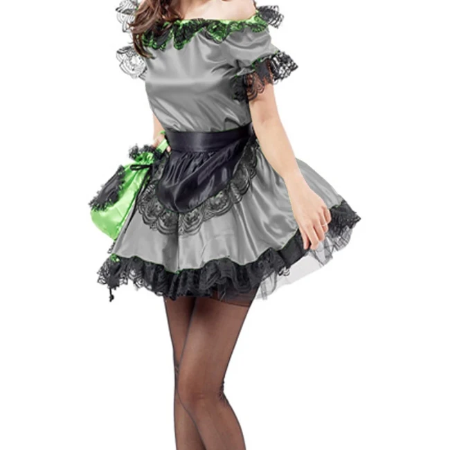 Lolita Black Lace Trim Maid Lolita Sets with Apron Boat Neck Short Sleeve Skintight Short Dress Carnival Halloween Costumes