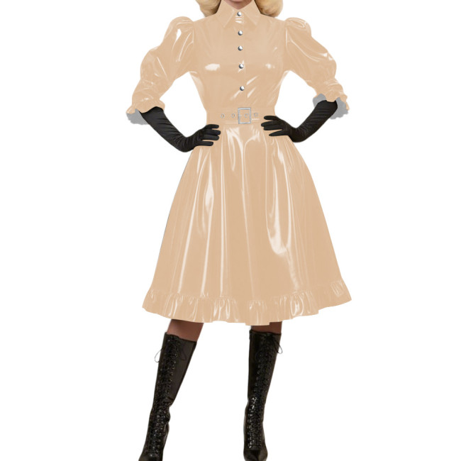 Wetlook Glossy PVC A-Line Party Dress Vintage Puff Sleeve Club Crossdressing Ruffle Trim Midi Dress Adult Sexy Cosplay Costume