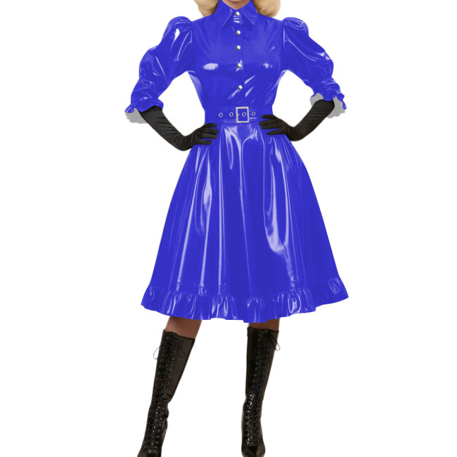 Wetlook Glossy PVC A-Line Party Dress Vintage Puff Sleeve Club Crossdressing Ruffle Trim Midi Dress Adult Sexy Cosplay Costume