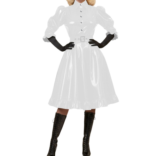 Wetlook Glossy PVC A-Line Party Dress Vintage Puff Sleeve Club Crossdressing Ruffle Trim Midi Dress Adult Sexy Cosplay Costume
