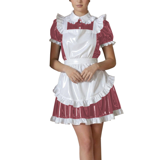 Shiny Maid PVC Leather Halloween Dress with Cute Ruffle Apron Fetish Mini Dress Vinyl French Maid Cosplay A-Line Cocktail Lolita
