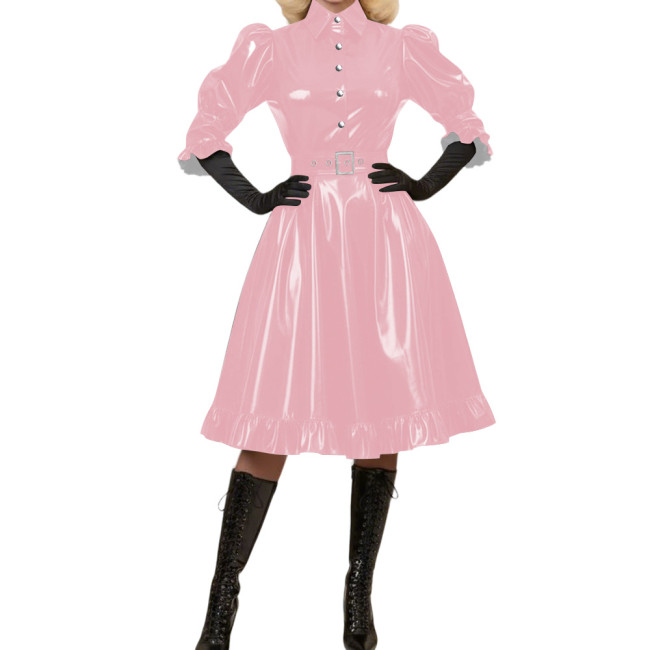 Wetlook Glossy PVC A-Line Party Dress Vintage Puff Sleeve Club Crossdressing Ruffle Trim Midi Dress Adult Sexy Cosplay Costume