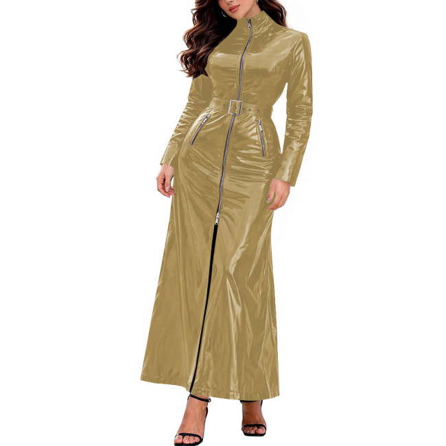 Long Sleeve Front Zip Long Trench Dress with Belt Womens Vinyl PVC Leather High Neck Dresses Chic Club Outfit Party Evening Gown