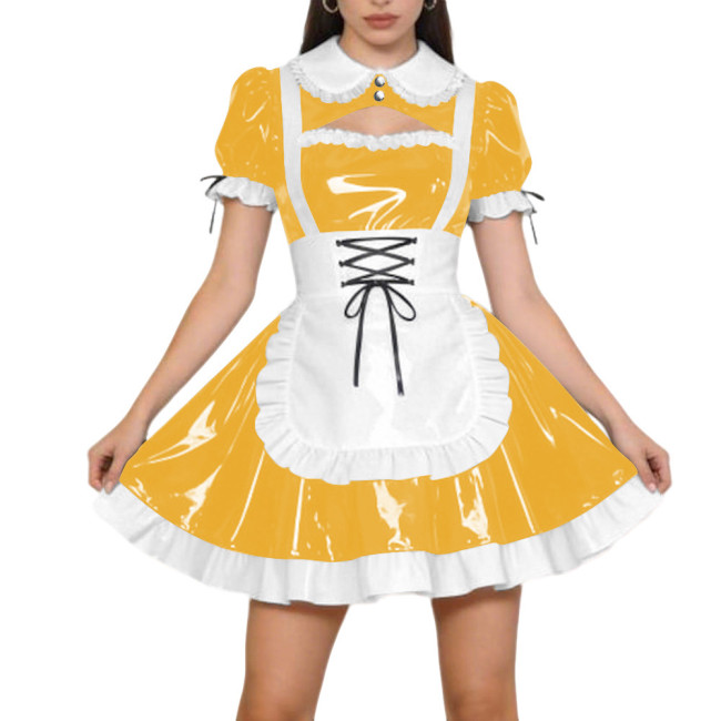 Halloween Party PVC Shiny Maid Costume Dress Sissy Preppy Style Puff Sleeve Mini Dress with Lace-Up Apron Lolita Cosplay Outfit