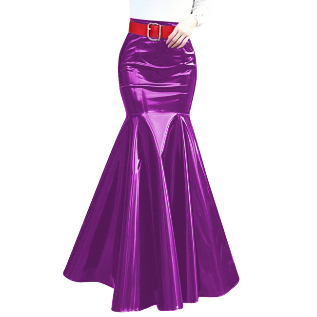 Womens Shiny PVC Mermaid Maxi Skirt Fashion High Waist Bodycon Flared Hem Skirt Wet Look Sheath Long Ruffles Skirts Clubwear