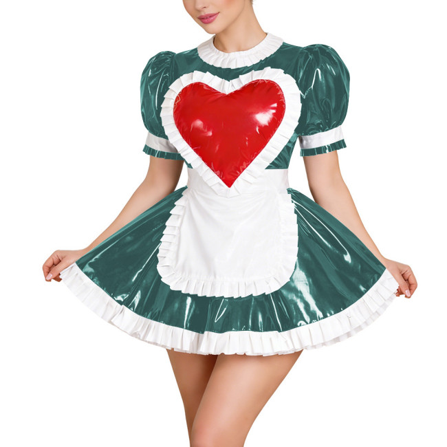 Sissy Sweet Maid Cosplay Costume Puff Sleeve Red Heart Mini Dress with Apron Wet Look Maid Dress Outfit Halloween Party Uniforms
