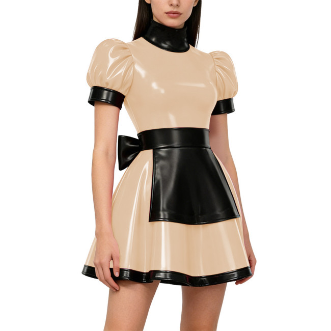 Gothic Lolita Lockable Maid Uniforms PVC Shiny High Neck Puff Sleeve Apron Mini Maid Dress Carnival Party Role Play Maid Outfits
