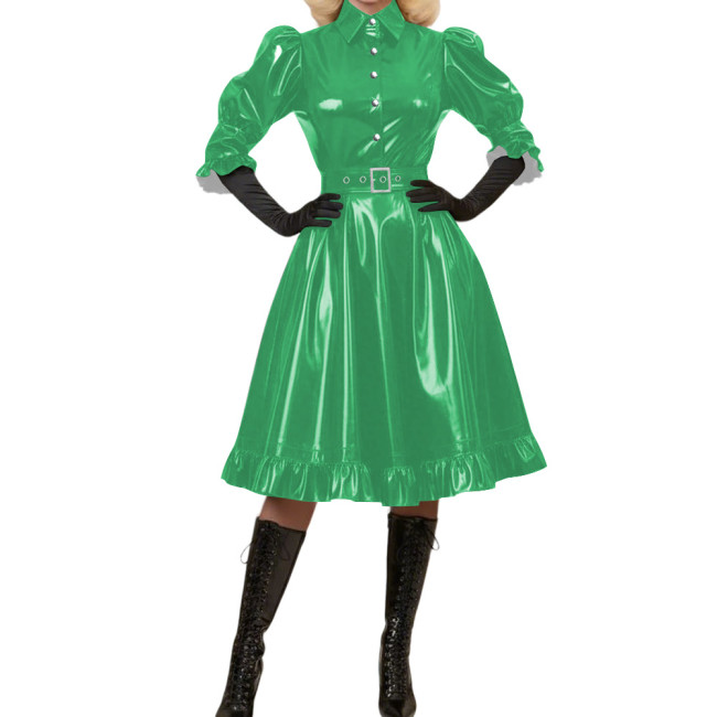 Wetlook Glossy PVC A-Line Party Dress Vintage Puff Sleeve Club Crossdressing Ruffle Trim Midi Dress Adult Sexy Cosplay Costume