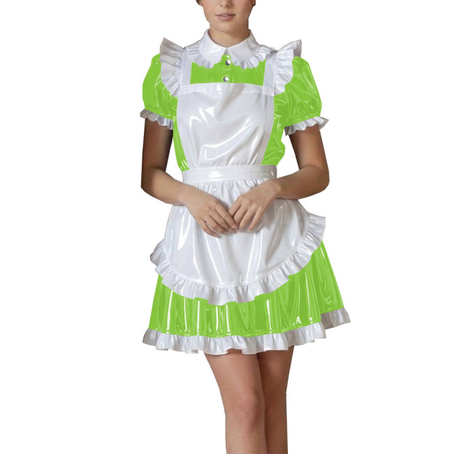 Shiny Maid PVC Leather Halloween Dress with Cute Ruffle Apron Fetish Mini Dress Vinyl French Maid Cosplay A-Line Cocktail Lolita