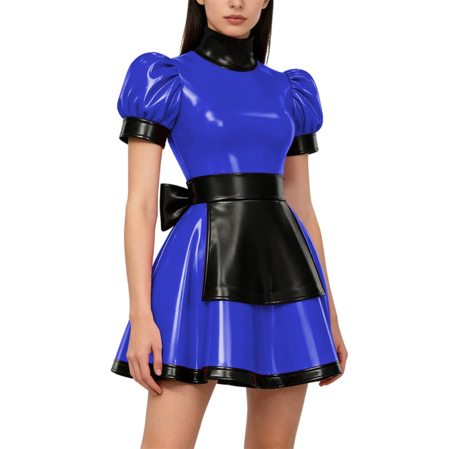 Gothic Lolita Lockable Maid Uniforms PVC Shiny High Neck Puff Sleeve Apron Mini Maid Dress Carnival Party Role Play Maid Outfits