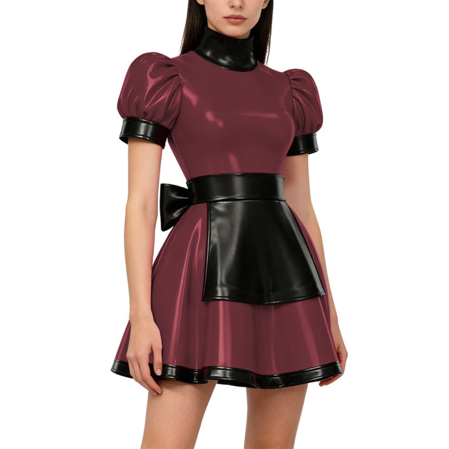 Gothic Lolita Lockable Maid Uniforms PVC Shiny High Neck Puff Sleeve Apron Mini Maid Dress Carnival Party Role Play Maid Outfits