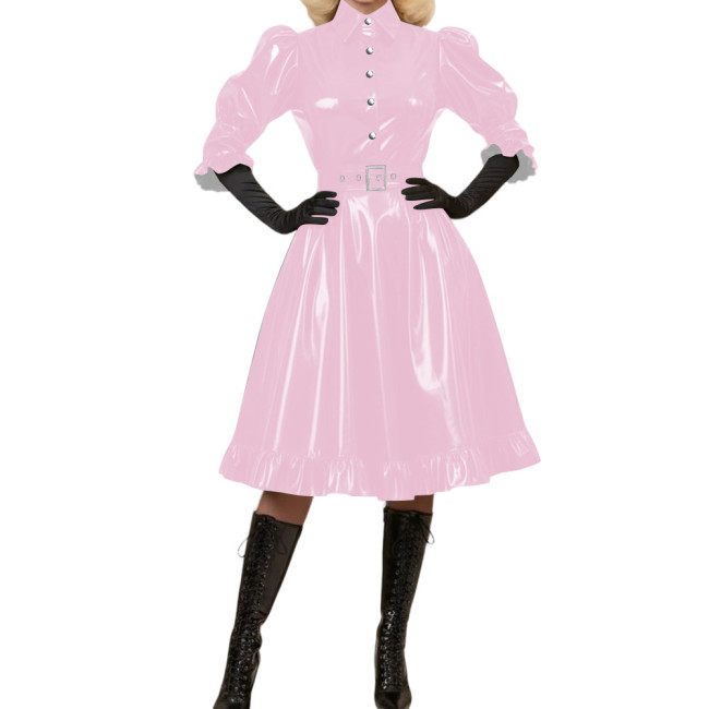 Wetlook Glossy PVC A-Line Party Dress Vintage Puff Sleeve Club Crossdressing Ruffle Trim Midi Dress Adult Sexy Cosplay Costume